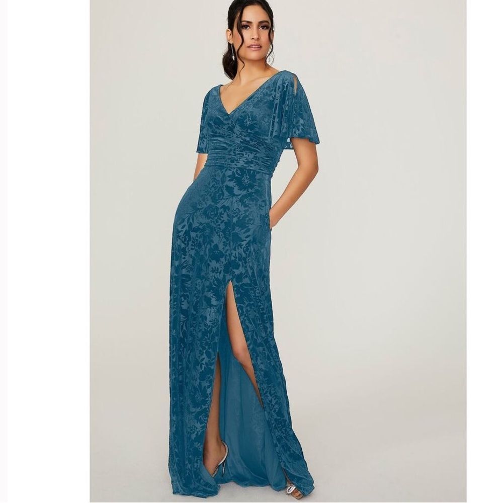 Morilee Madeline Gardner Velvet Burnout Blue Floral Flutter Sleeve Maxi Dress